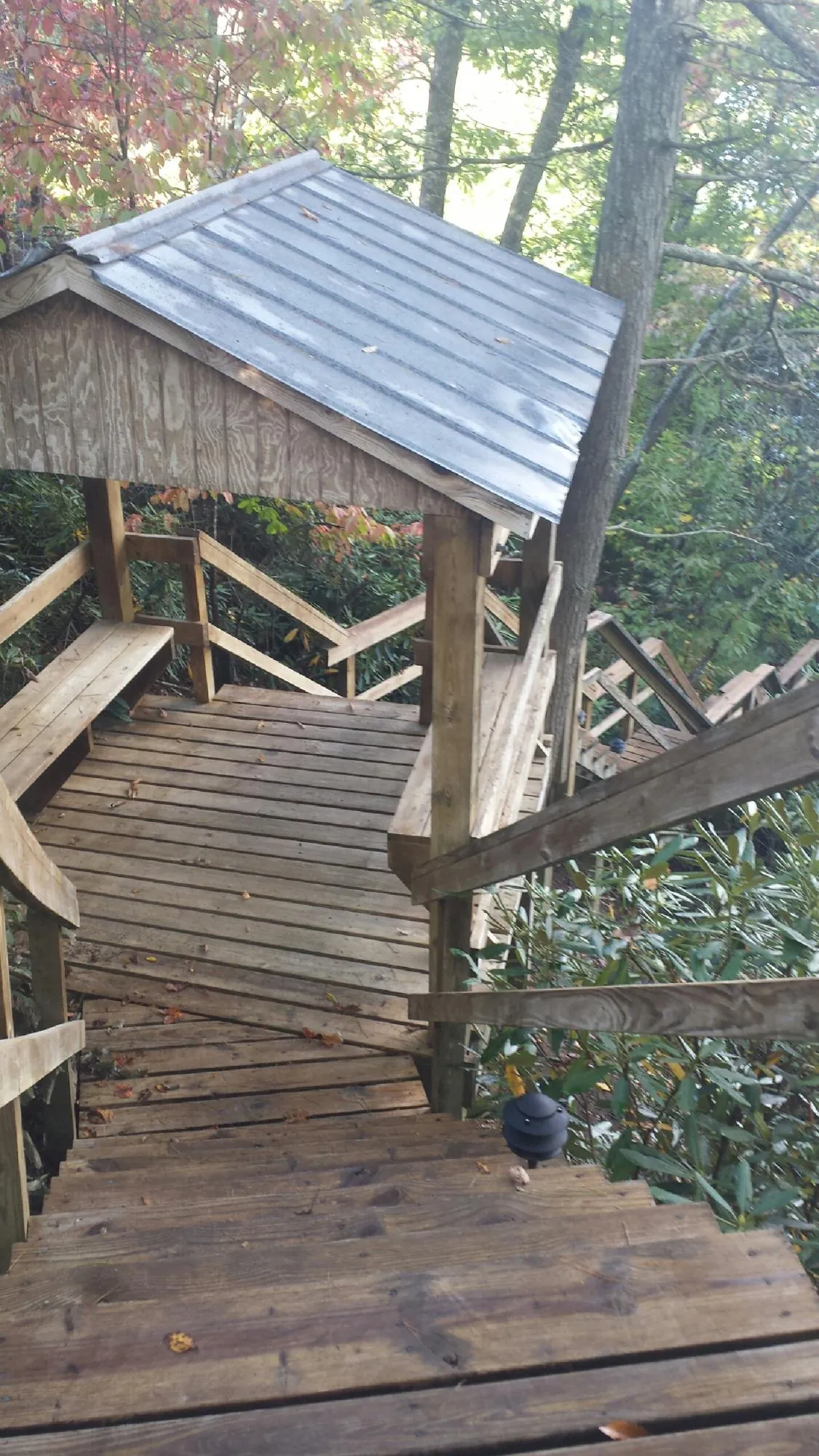 Metal roofed shelter over wooden steps on a wooded walkway — Skylight Repair & Installation work by our crew in Luebbering